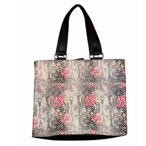 Tahari Vegan Leather Floral Snake Print Tote Bag 16” NWT Black Shoulder Work Bag